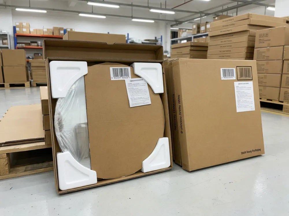 Retail-ready mirror packaging with molded foam corners and protective film