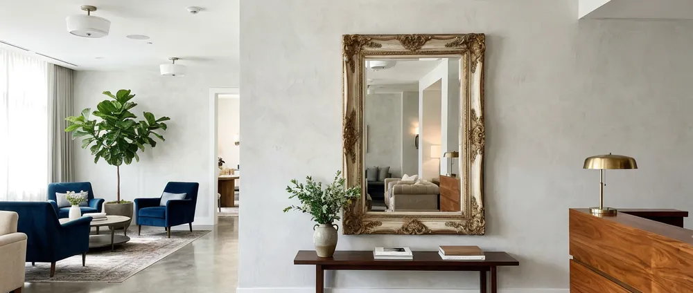 Vintage mirror as statement piece in boutique hotel lobby