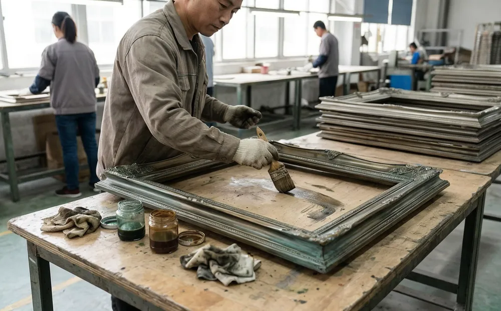 Artisan applying hand-brushed patina finish to vintage mirror frame