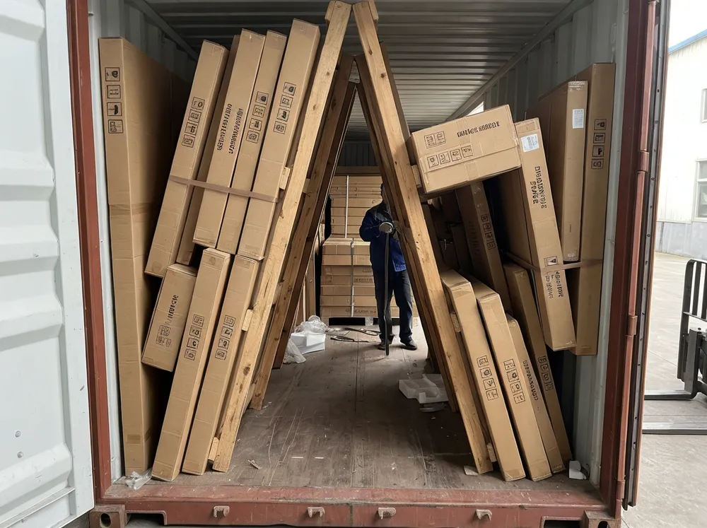 A-frame container loading configuration for vintage mirrors showing vertical stacking arrangement