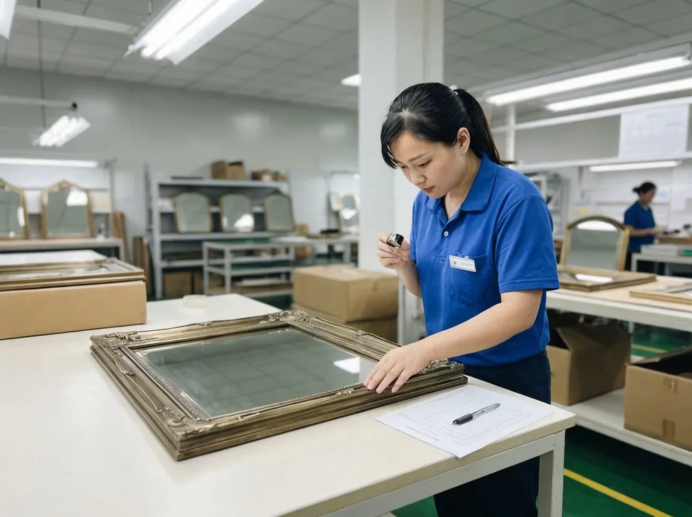 Quality control inspector examining vintage mirror frame patina under standardized lighting