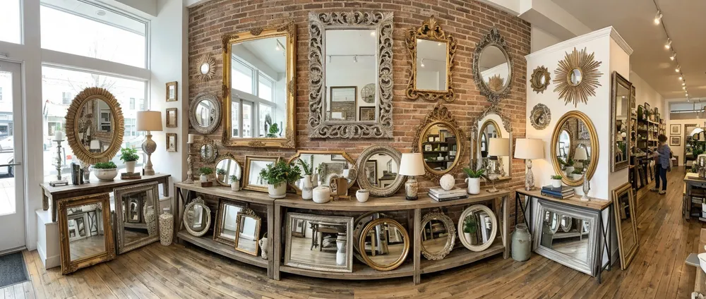 Vintage mirrors displayed in specialty home decor retail store