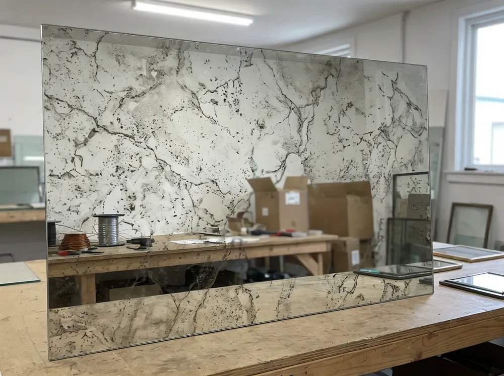 Antiqued mirror glass showing distressed veining pattern applied during silvering process
