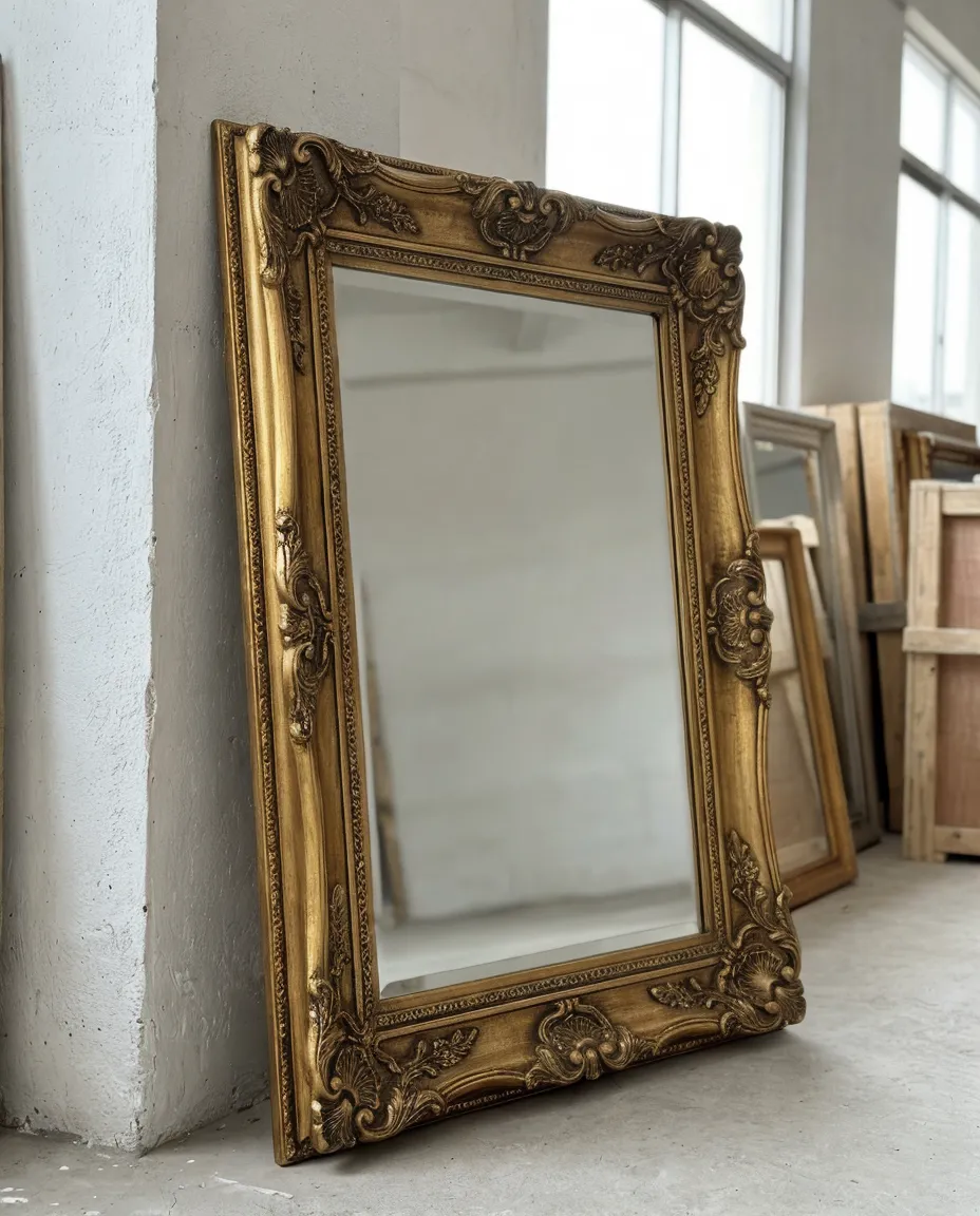 Vintage decor mirror with ornate antiqued gold frame featuring deep-relief scrollwork detail