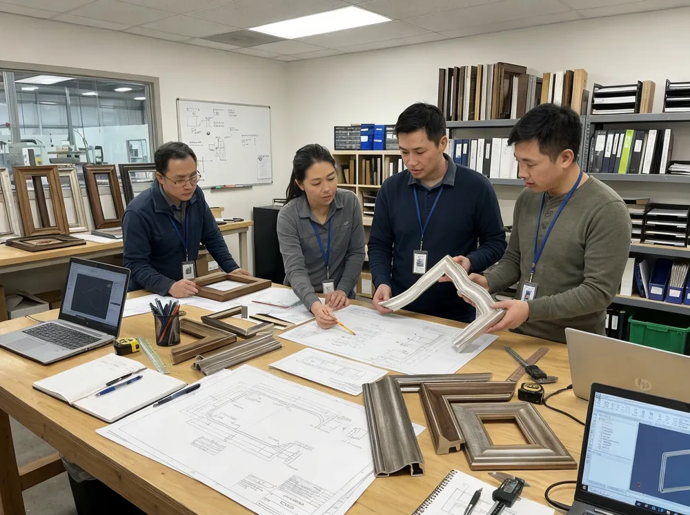 Engineering team reviewing custom mirror frame profiles and technical drawings