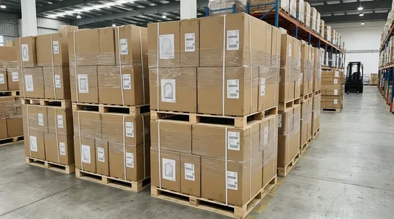 Retail-ready packaged decorative mirrors prepared for big-box store distribution