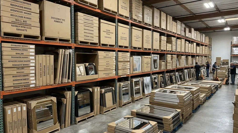 Wholesale decorative mirror inventory in distribution warehouse