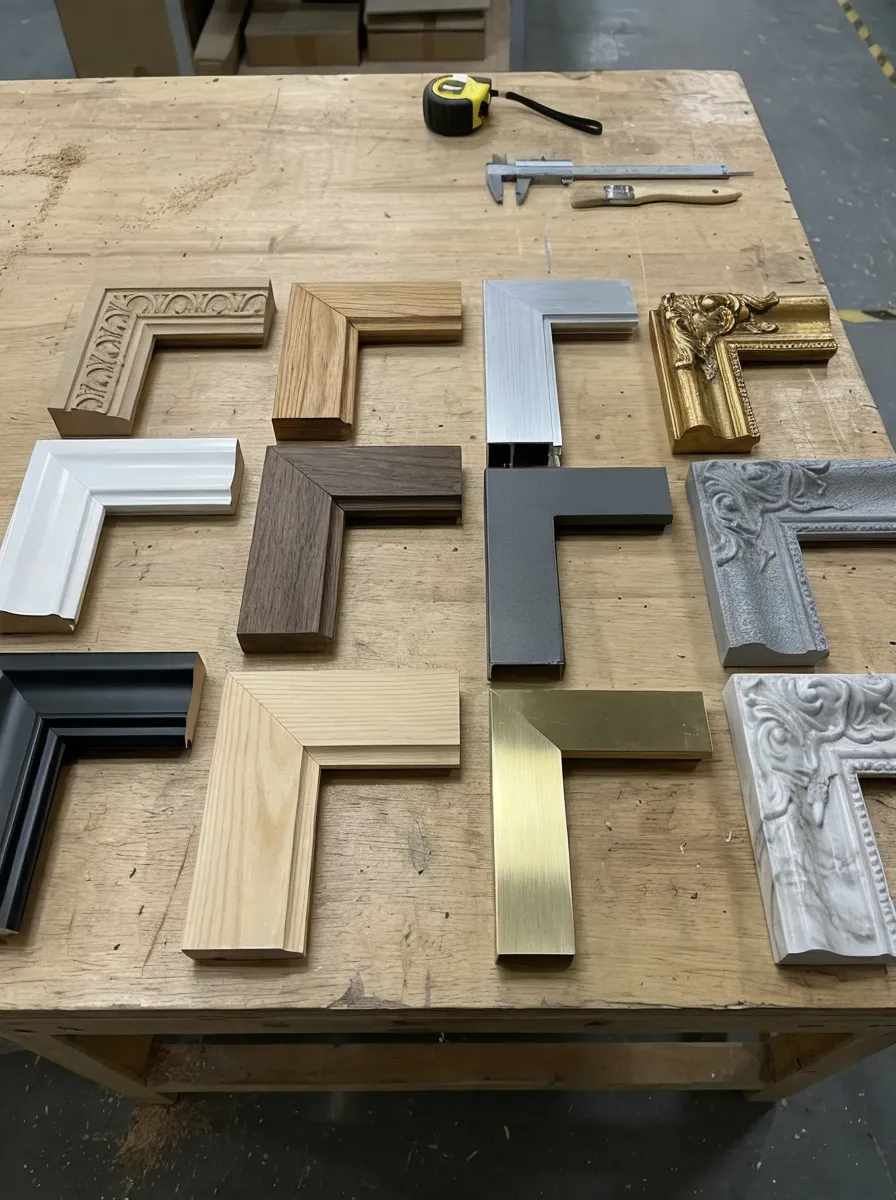 MDF, solid wood, metal, and resin frame material samples for custom mirrors