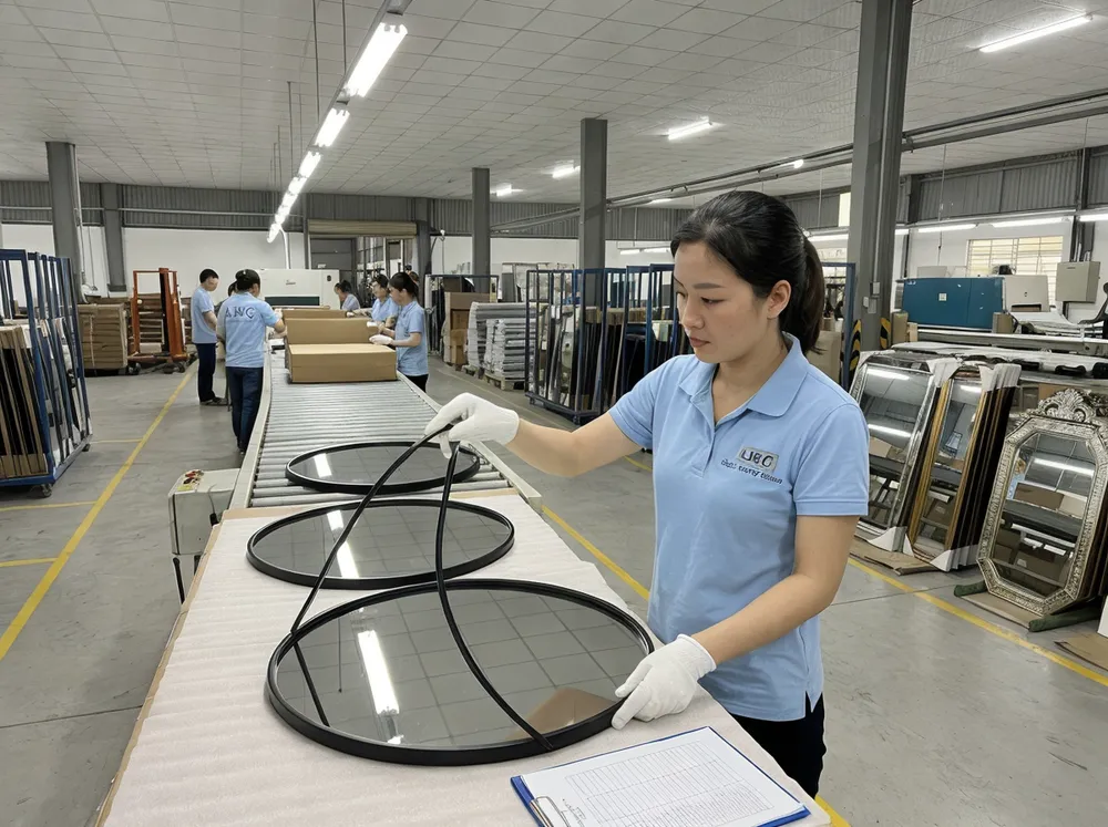 Quality control inspection on mirror production line at Livewellcraft Vietnam facility