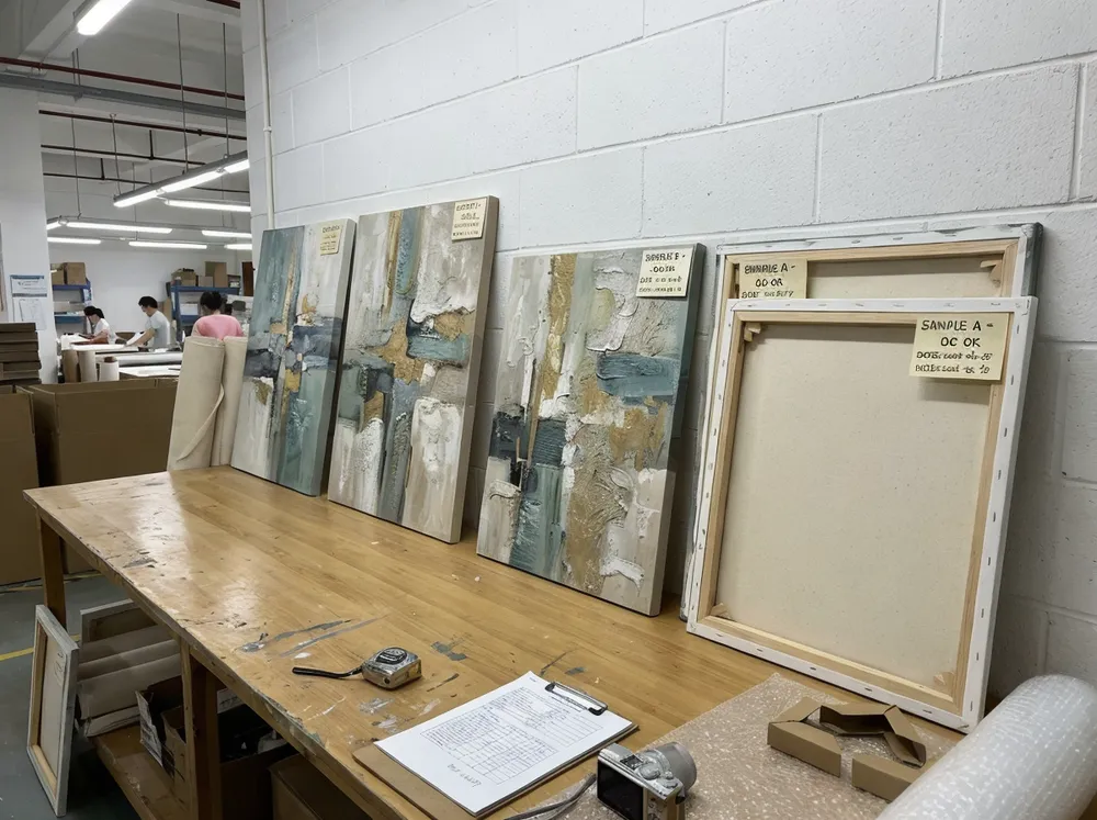 Textured abstract canvas wall art samples ready for evaluation