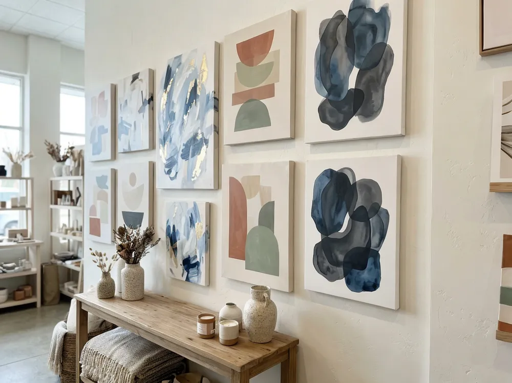 Abstract canvas wall arts displayed in boutique home decor retail setting