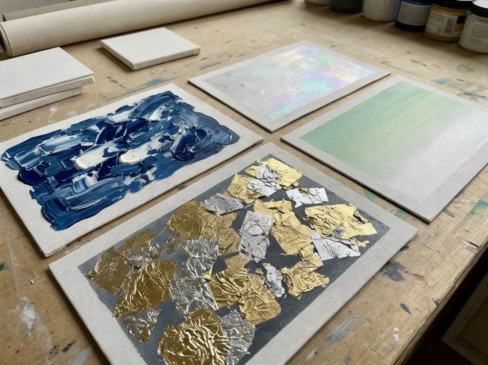 Various texture samples showing impasto, metallic leaf, and smooth gradient techniques on abstract canvas
