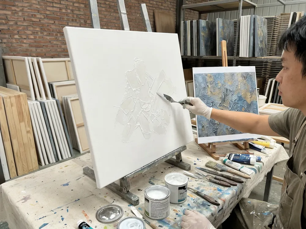 Painter applying acrylic gel medium with palette knife while referencing master sample