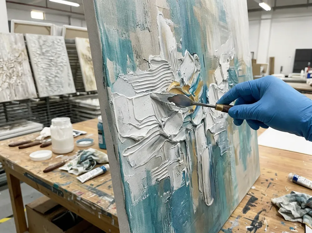 Close-up of hand-applied texture on abstract canvas showing palette knife ridges and gel medium depth