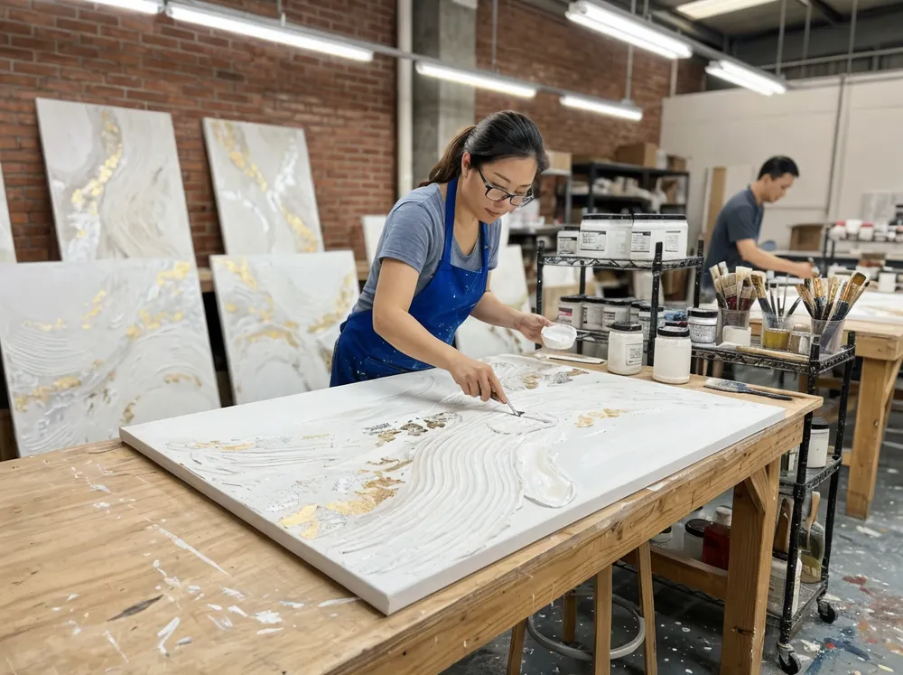 Hand-textured abstract canvas wall art with gel medium and metallic leaf accents