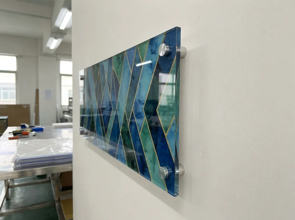 Acrylic wall art panel with UV-printed design showing diamond-polished edges and aluminum standoff mounting