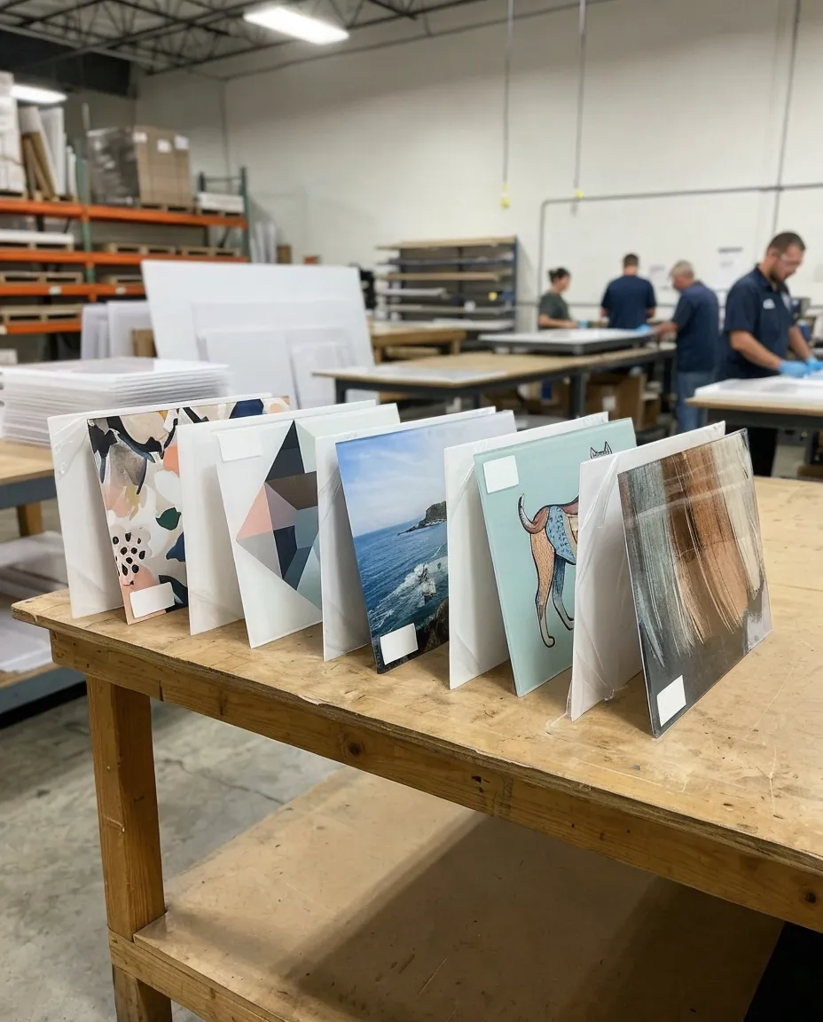 Acrylic wall art sample pieces ready for evaluation