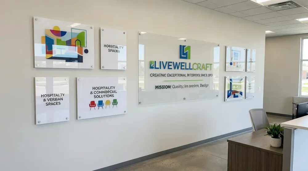 Corporate office showroom with branded acrylic wall displays