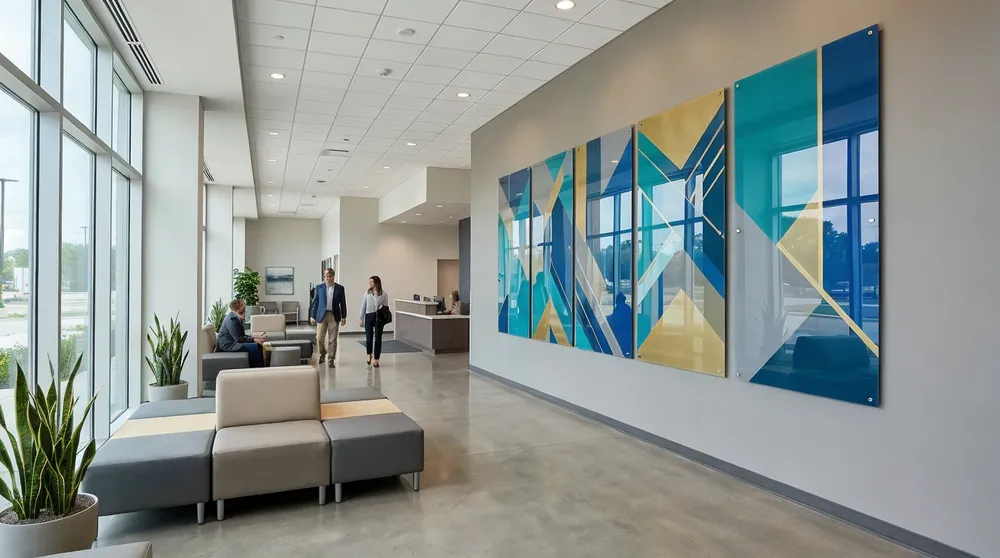 Hotel lobby with acrylic wall art installation in commercial interior