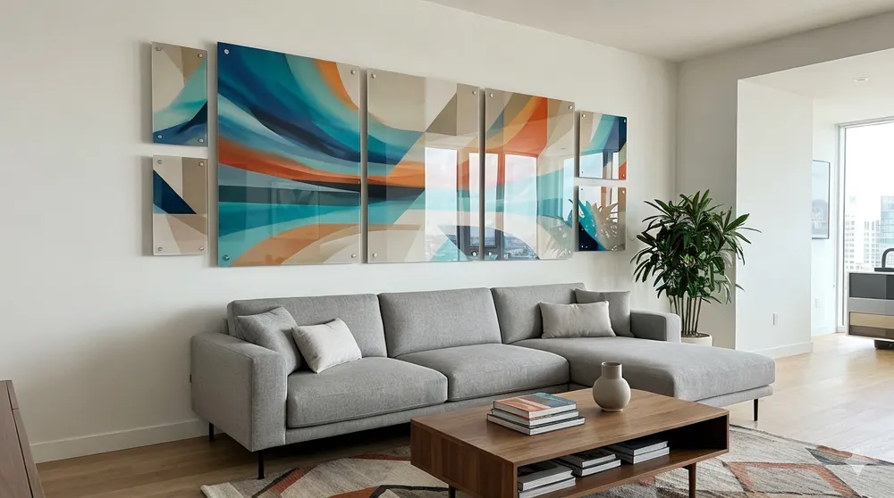 Contemporary living room featuring glossy acrylic wall art installation