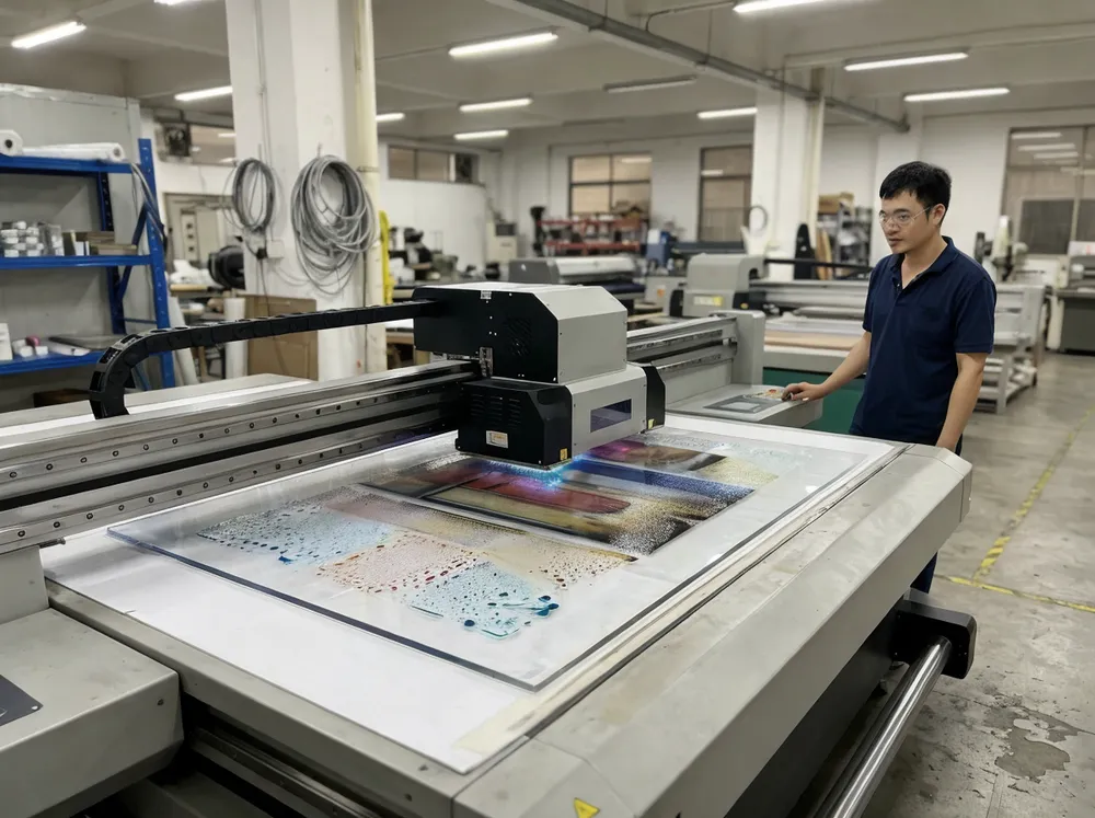 UV flatbed printer applying ink layers to cast acrylic panel