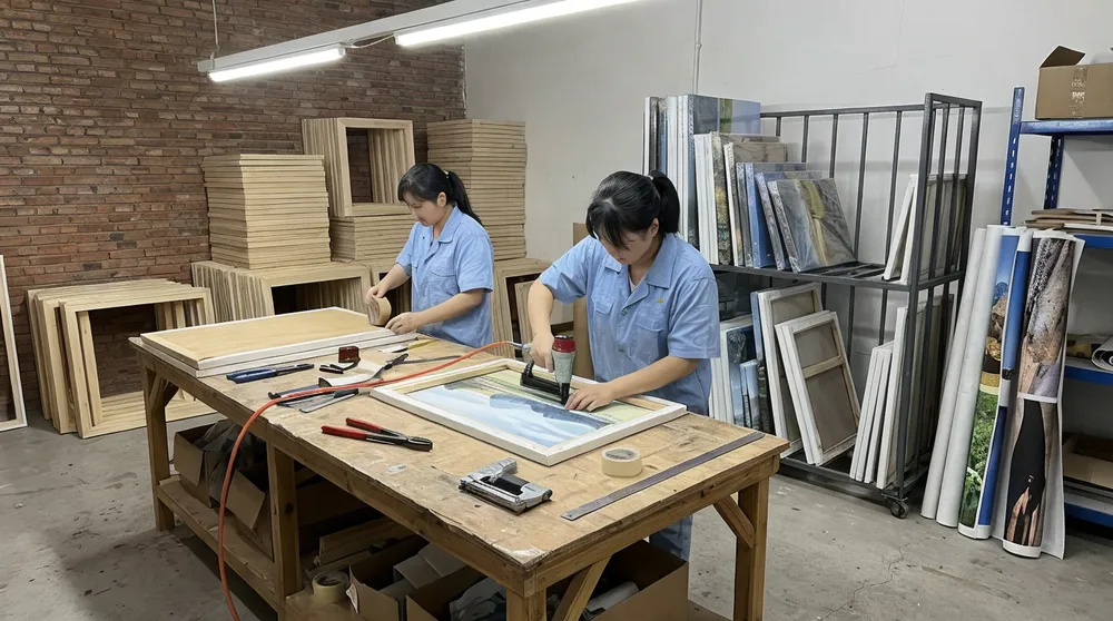 Dedicated canvas stretching and finishing station at Livewellcraft facility