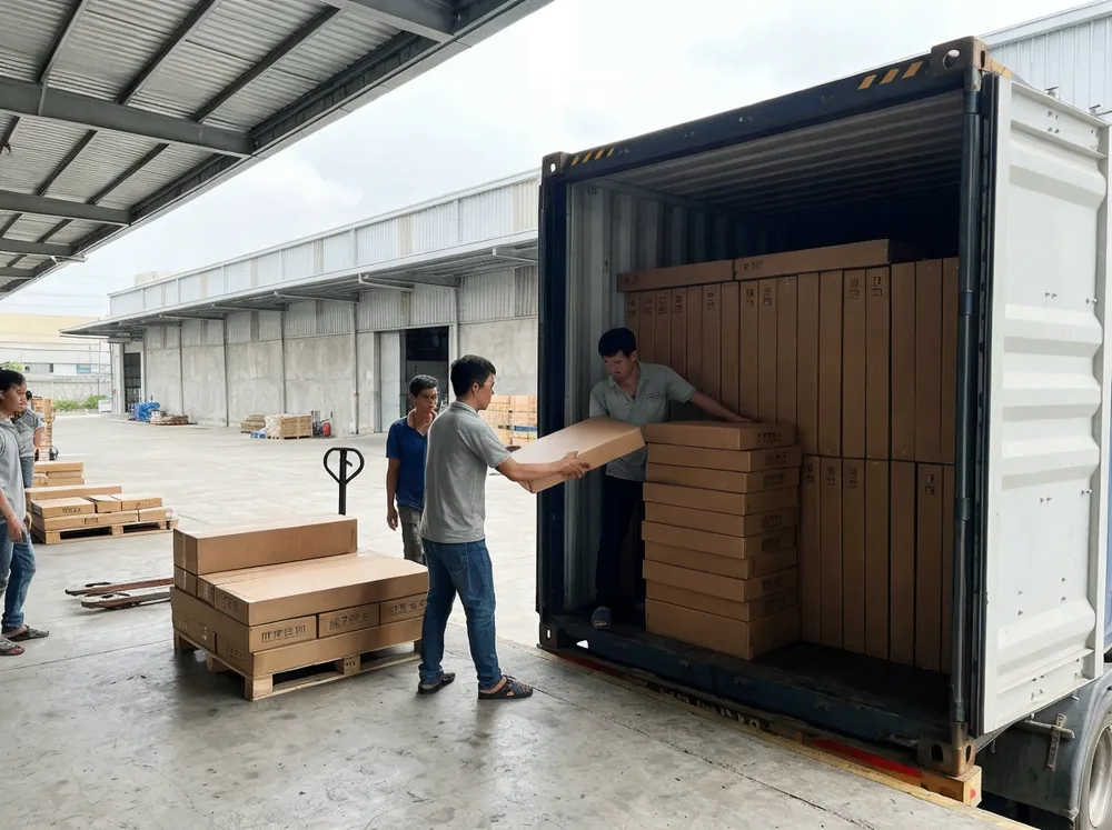 Canvas wall art pieces being loaded into shipping container at Ho Chi Minh City facility