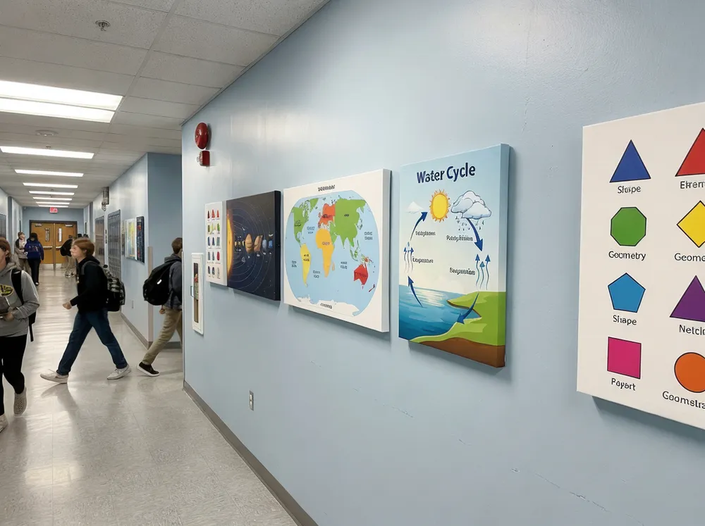 Canvas artwork in school hallway with educational themes