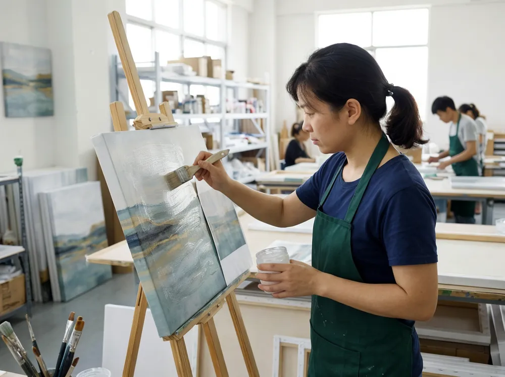 Trained finisher applying gel medium brushstrokes to canvas print