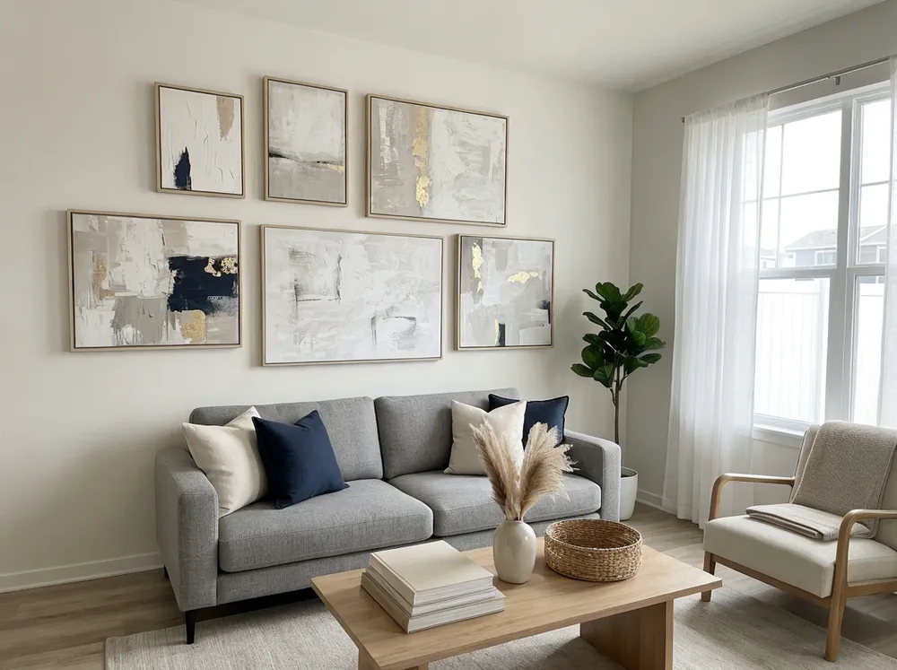 Staged living room with neutral canvas art on walls