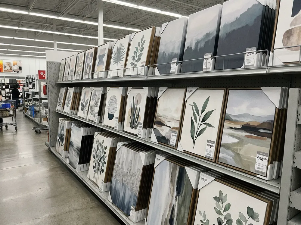 Canvas wall art displayed in retail environment with price tags