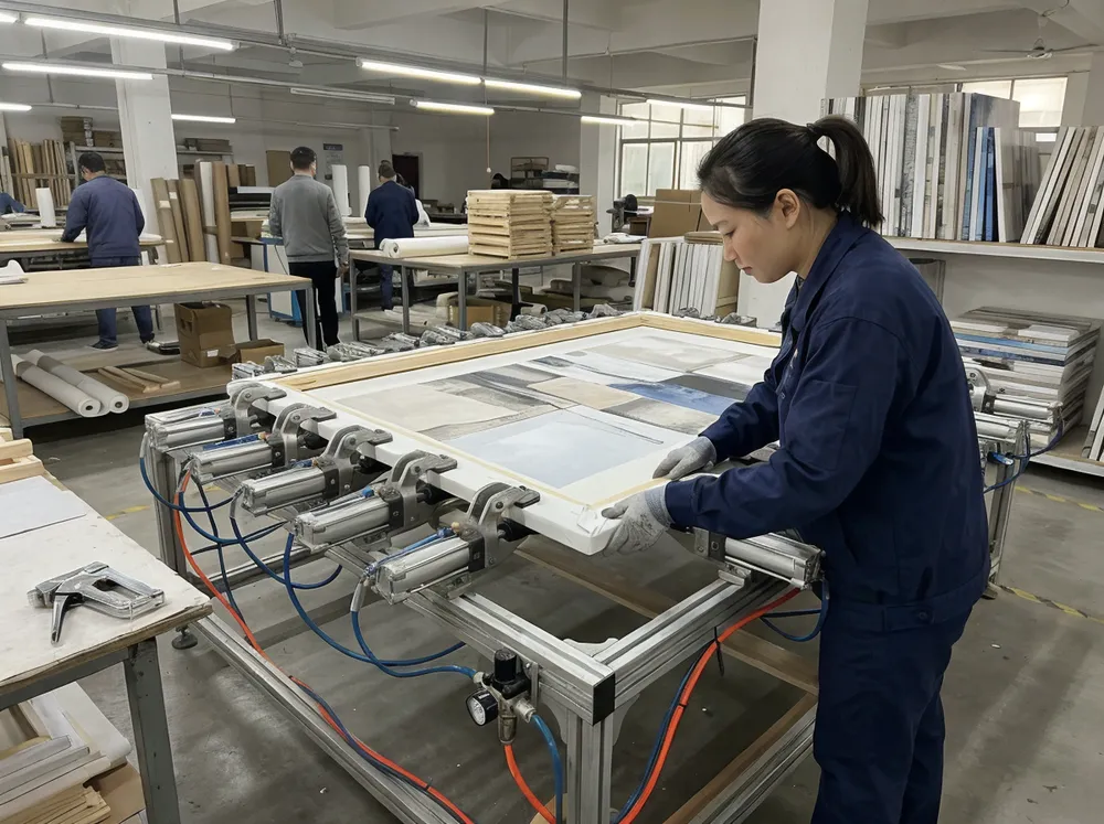 Pneumatic stretching station applying consistent tension to canvas