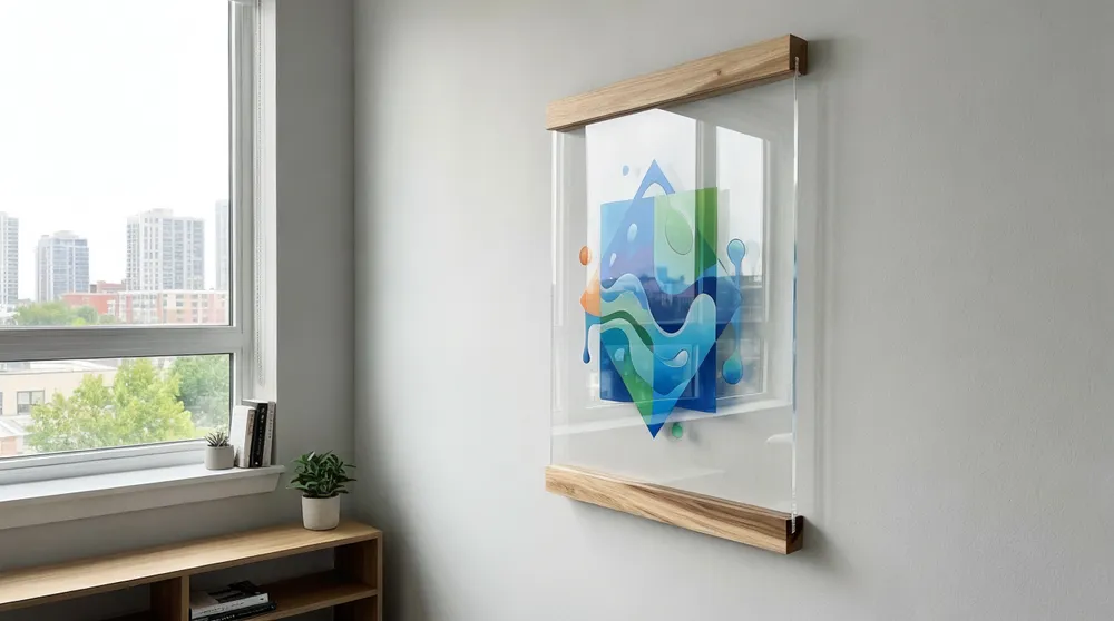 UV-stabilized acrylic wall art maintaining optical clarity near window