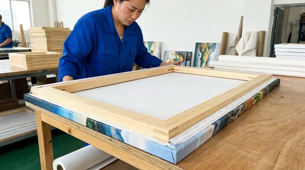 Canvas wall art with drum-tight surface showing proper stretcher bar construction