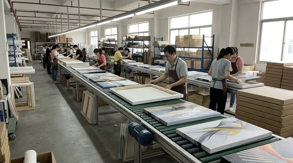 Canvas wall art production line showing gallery-wrapped pieces