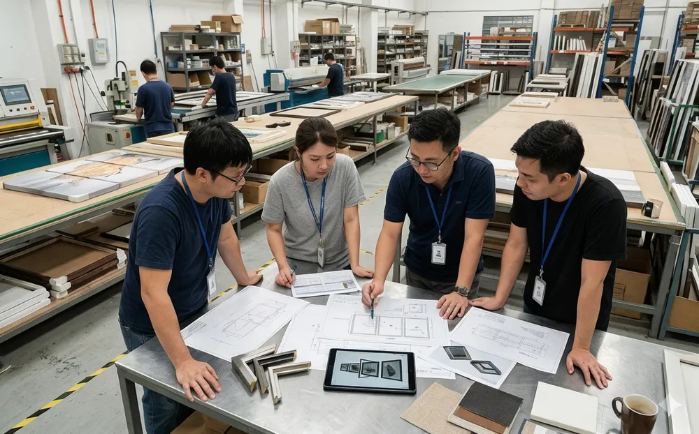 Engineering team reviewing wall art specifications near production lines