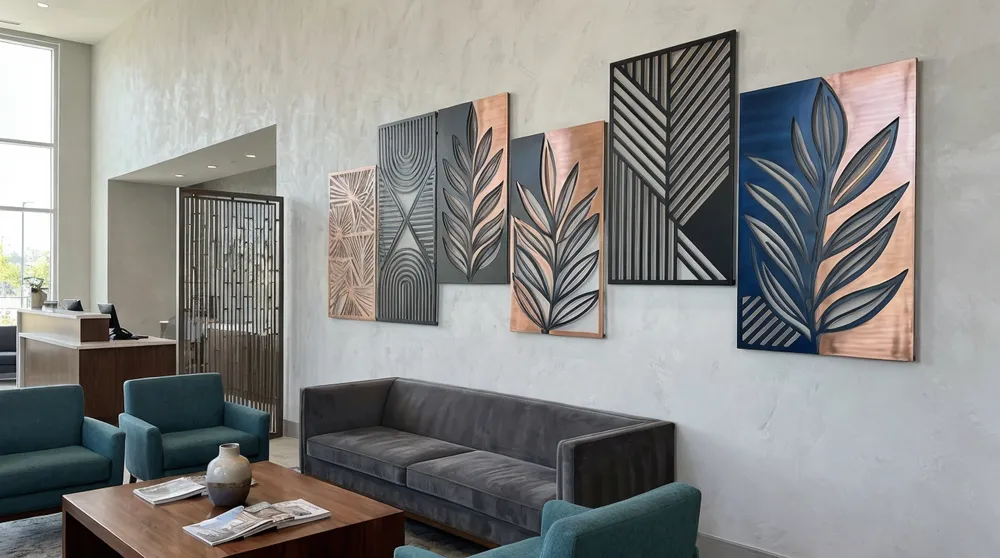 Metal wall art installed in commercial hospitality setting