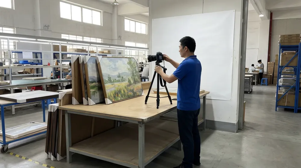 Quality control inspection station with photography setup for pre-shipment approval