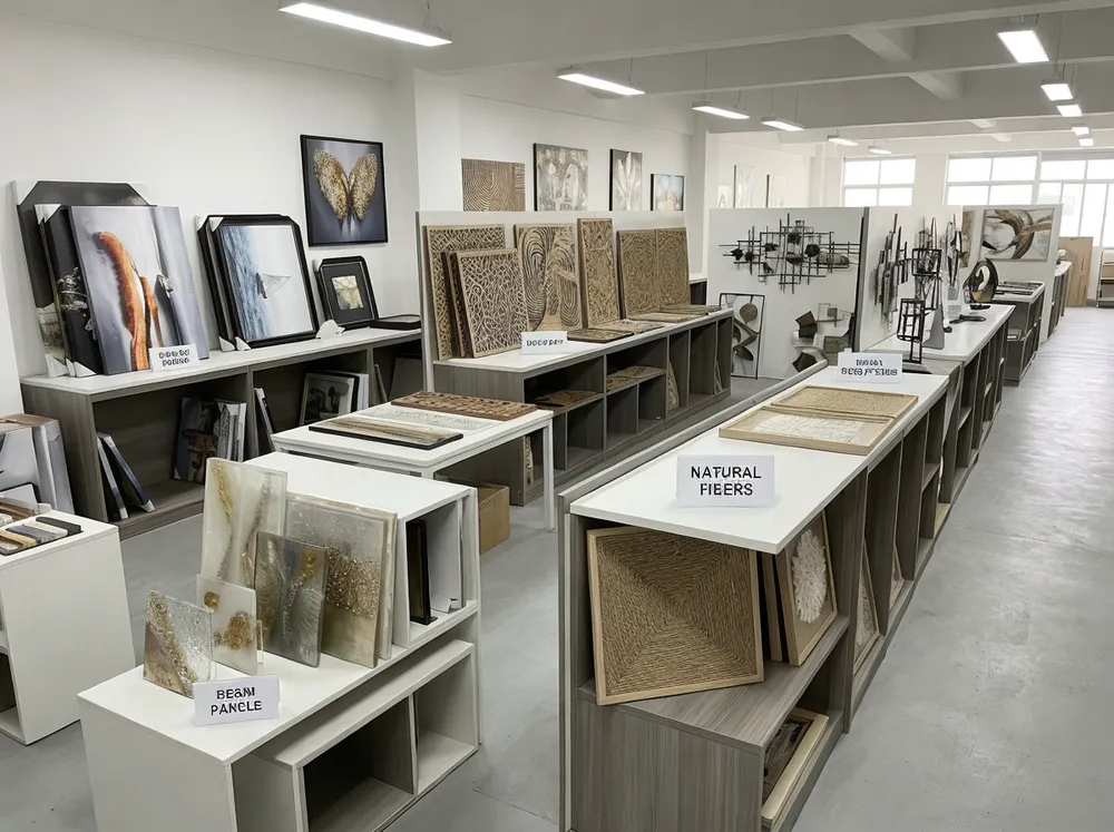 Five wall art material categories displayed in factory showroom