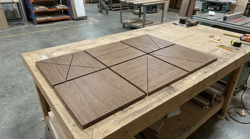 Wood wall art set showing uniform stain color across multiple pieces