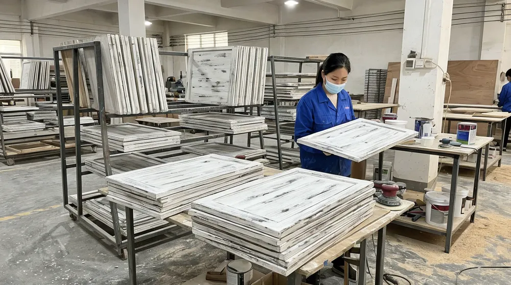 Wood wall art with farmhouse distressed finish