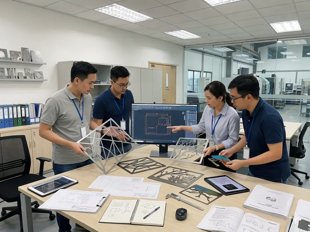 Engineering team reviewing custom metal wall art design files and prototypes