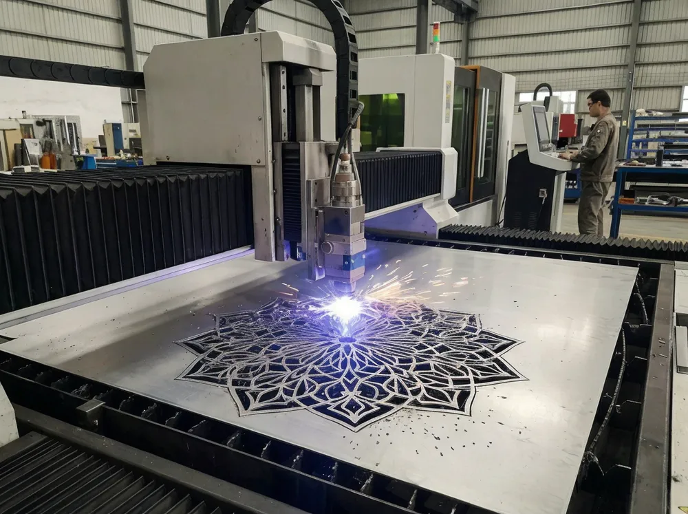 Fiber laser machine cutting intricate metal wall art design on aluminum sheet