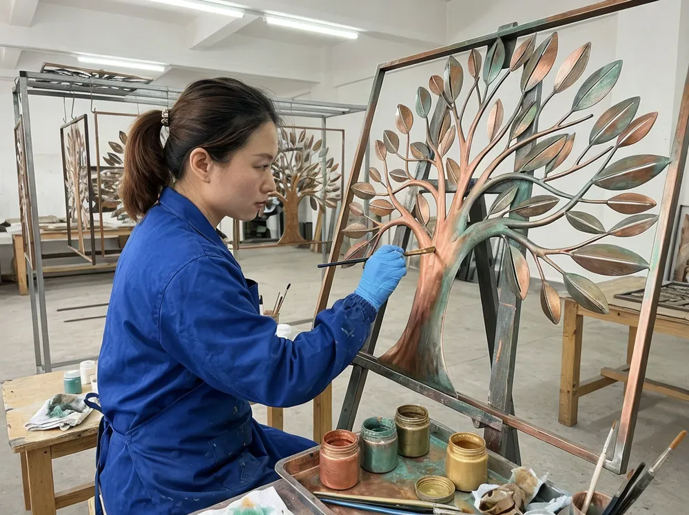 Artisan hand-painting gradient effects on metal wall art piece