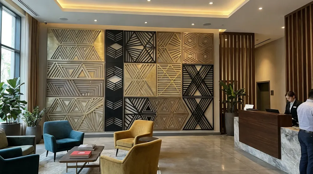 Metal wall art installation in boutique hotel lobby with geometric patterns