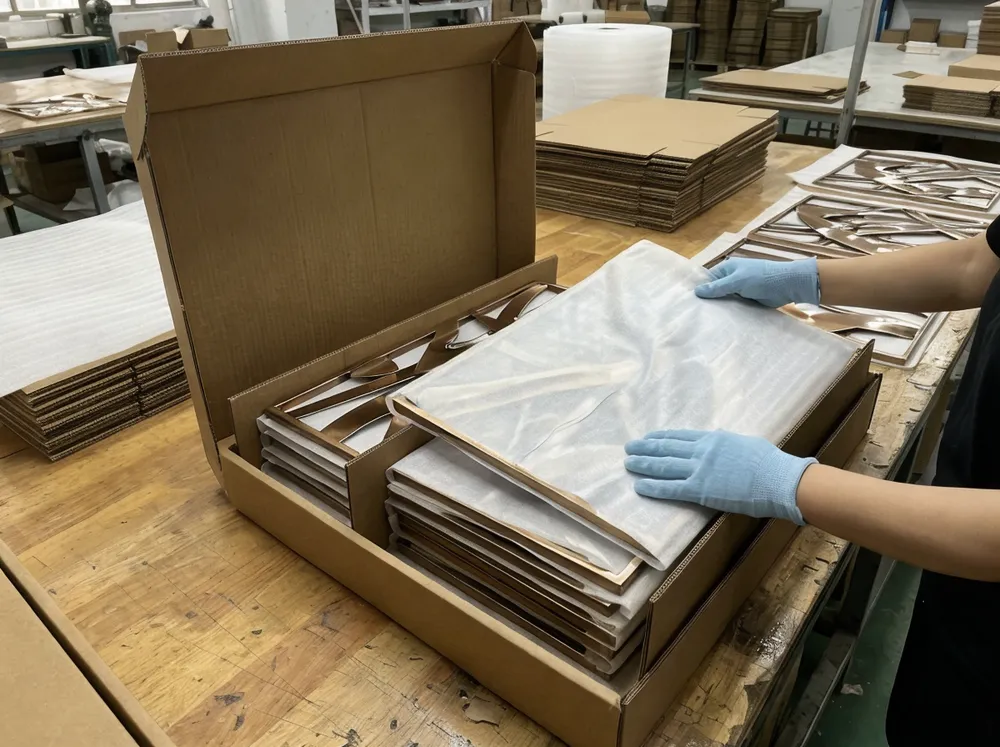Metal wall art packaging showing PE foam sheeting, cardboard dividers, and protective tissue layers