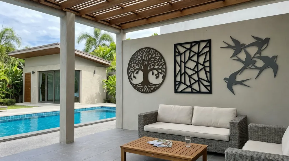Powder-coated metal wall art on covered patio with pool house