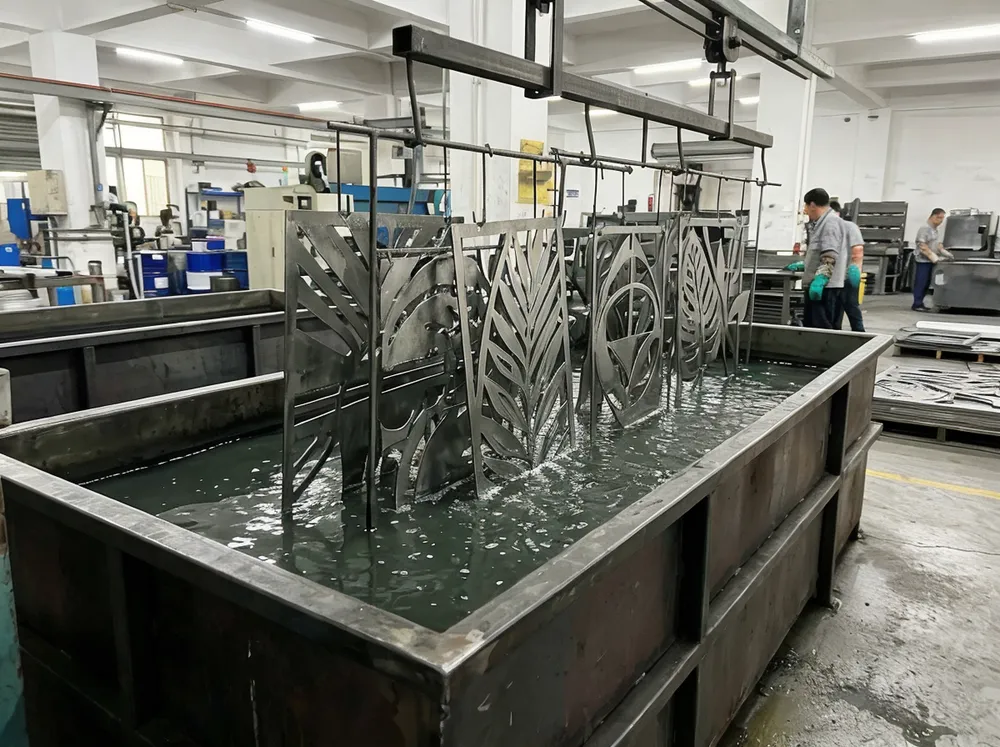 Metal wall art pieces in phosphate pre-treatment bath for surface preparation