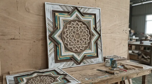 Bohemian layered wood wall art with carved mandala and mixed finishes