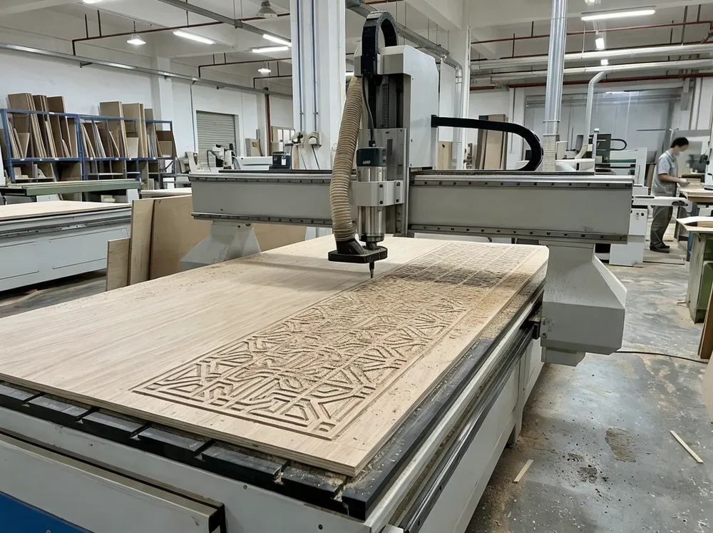 CNC routing machine creating custom wood wall art design patterns